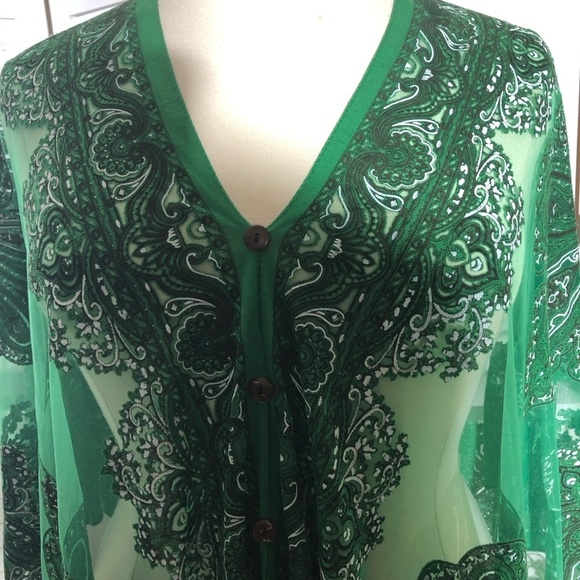 Vintage Y2K Sheer Lace Poncho Bohemian Floral Fringe Green - Picture 7 of 11